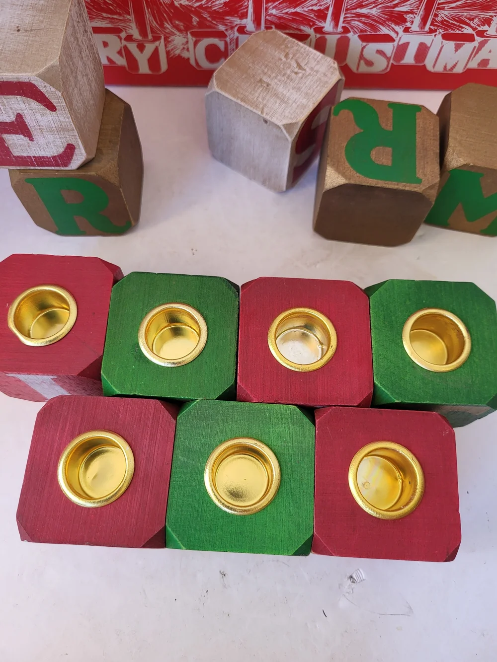 Vintage Merry Christmas Wood Block Candle Holder Set Colonial Candle